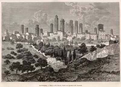 Utsikt over San Gimignano (Toscana, Italia). Gravering etter tegningen av Ph. Benoist, for å illustrere reisen til Toscana og Umbria, av Francis Wey, i 1875, publisert i "" Le tour du monde"" 1876, redigert av Edouard Charton, Hachette-utgaven, Paris. Selv av Philippe Benoist