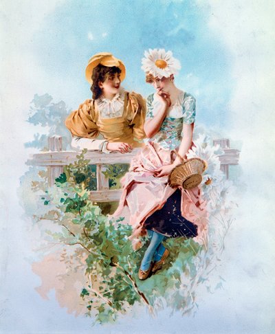 Selvtillit To unge jenter hvisker hemmeligheter. Litografi av Philippe Jacques Linder (1835-?) Privatsamling fra 1800-tallet av Philippe Jacques Linder