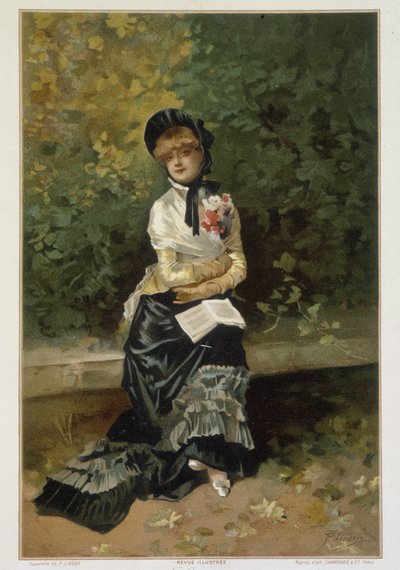 Solitude (single kvinne som sitter på en benk en bok på knærne) av Linder av Philippe Jacques Linder