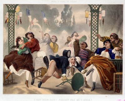 Kasinoet i Asnieres Det er godt gjort det trengte ikke å gå dit”” Populær underholdningsscene, en mann får foten i en krakk og faller midt på dansegulvet. Litografi av Philippe Jacques Linder (1835-?). Serie Musee de Moeurs et d