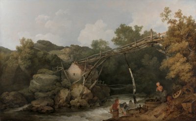 En utsikt nær Matlock, Derbyshire med figurer som arbeider under en tretransportør av Philippe Jacques de Loutherbourg