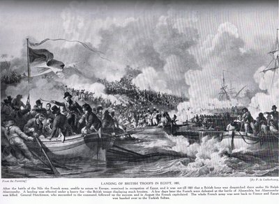 Landingen av britiske tropper i Egypt i 1801, illustrasjon fra 'Hutchinson's History of the Nations' av Philippe Jacques de Loutherbourg