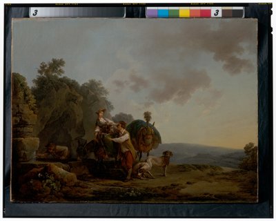 Reisende med hunder og tungt lastet muldyr ved en brønn av Philippe Jacques de Loutherbourg