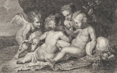 En gruppe på tre barn og en putto med frukt og et lam, ca. 1760-1801. av Philippe Lambert Joseph Spruyt