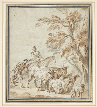 Hyrder med kyr og sauer. TV en gjeter med en stav, ved siden av ham en gjeter som rir på en hest. T.h. trær av Philippe Louis Parizeau