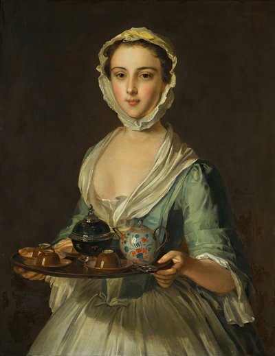 En ung kvinne som holder et tebrett, muligens Hannah, kunstnerens hushjelp. av Philippe Mercier