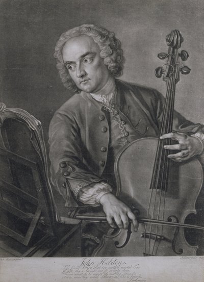 Portrett av John Hebden (fl.1740-60), en cellist i Händels orkester, gravert av John Faber (1684-1756), 1741 av Philippe Mercier