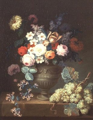 Stilleben av blomster i en klassisk vase med en klase med druer av Philippe Parpette