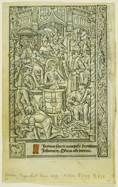 The Martyrium of Saint John the Evangelist (recto) og desemberkalender (verso), fra Book of Hours av Philippe Pigouchet