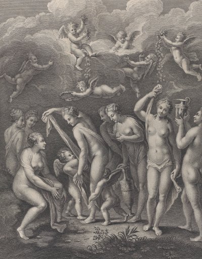Hera, Afrodite og Athena forbereder seg på skjønnhetskonkurransen før P..., ca. 1729-40. av Philippe Simonneau