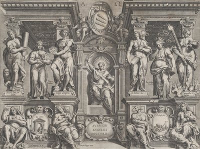 Allegorisk avhandlingstrykk med forskjellige figurer, satt i en arkitektonisk struktur, 1608. av Philippe Thomassin
