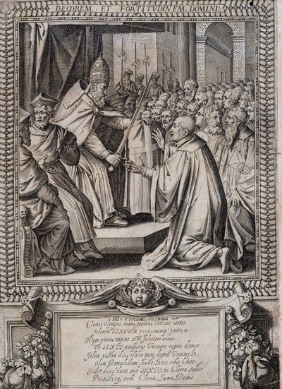 Board of Statutes of the Order of Malta "" Statuta Hospitalis Hervsalem"" (mykning av en ridder av en pave), av Philippe Thomassin, sent på 1500-tallet av Philippe Thomassin