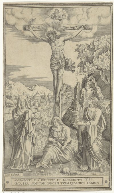 Kristus på korset flankert av Maria og Johannes av Philippe de Soye