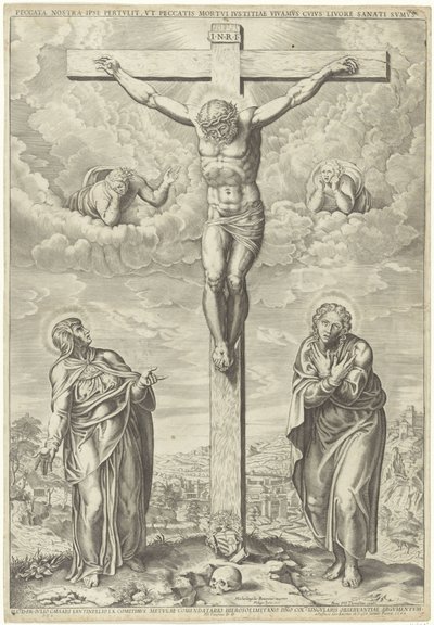 Kristus på korset flankert av Maria og Johannes i et landskap av Philippe de Soye