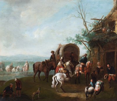 Reisende utenfor et vertshus med en mann på en hest som reiser seg (olje på metall) av Philips (manner of) Wouwermans or Wouvermans