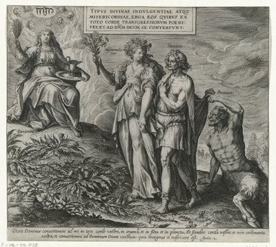 Allegori over boetedoening en berouw Boetedoening en berouw in het Oude Testament en het Nieuwe Testament (serietittel) Typvs Divine indvlgentiea aqz barmhjertighet, mot dem som av hele sitt hjerte overtrer vm penitenti tet og vender seg til dnm devm av Philips Galle (attributed to workshop of)