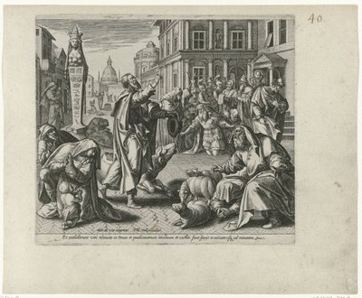 Jonah forkynner om ondergang van Nineveh Boetedoening en berouw in het Oude Testament en het Nieuwe Testament (serietittel) En type guddommelig overbærenhet og barmhjertighet mot dem som omvender seg fra sine overtredelser av hele sitt hjerte og vender seg av Philips Galle (attributed to workshop of)