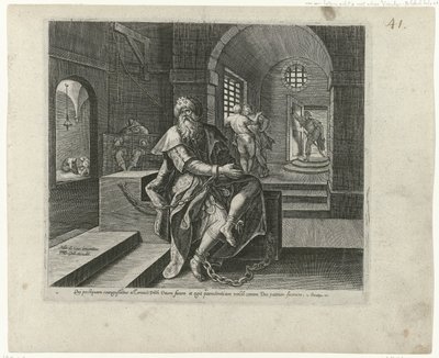 Koning Manasse i fengsel Boetedoening en berouw in het Oude Testament en het Nieuwe Testament (serietittel) En type guddommelig overbærenhet og barmhjertighet, mot de som omvender seg fra sine overtredelser av hele sitt hjerte og vender seg til Gud (serie av Philips Galle (attributed to workshop of)