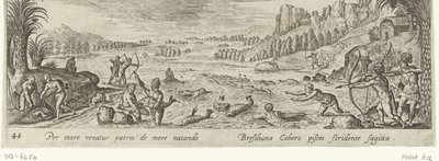 Fiske blant indianere Jakt og fiske (serietittel) Venationes, Piscationes et Aucupii Typi (serietittel) av Philips Galle (attributed to workshop of)