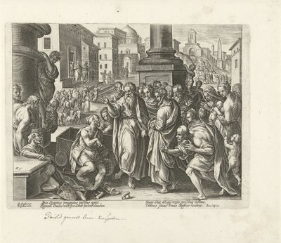Paulus helbreder en krøpling i Lystra Apostlenes gjerninger (serietittel) Acta Apostolorum (serietittel) av Philips Galle (possibly)