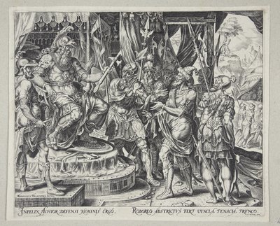 Achior trygler Holofernes for israelittene av Philips Galle