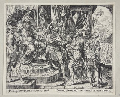 Achior trygler Holofernes for israelittene av Philips Galle