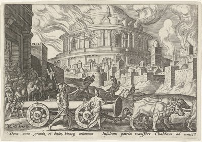 Kaldeerne tar søylene i Jerusalems tempel The Days of Doom of the Jewish People (serietittel) av Philips Galle