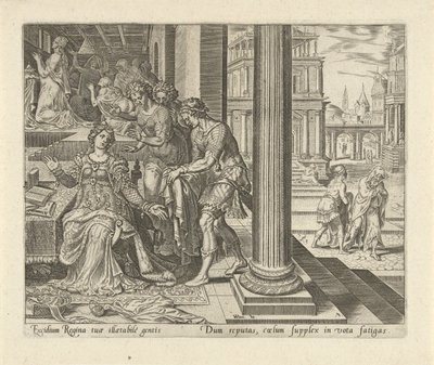Ester hører fra tjenestepikene sine at Mordekai har på seg sørgeklær History of Esther (serietittel) av Philips Galle