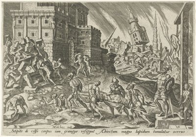 Kroppen til kongen av Ai er ført til byporten The Days of Doom of the Jewish People (serietittel) av Philips Galle