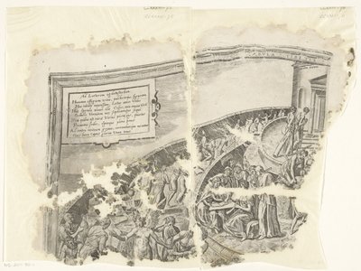 Øvre venstre hjørne av et trykk av scenen fra Cebes Tabula Cebetis Carta Vitae (tittel på objekt) av Philips Galle