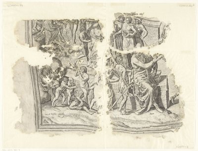 Nederste venstre hjørne av et trykk av scenen av Cebes Tabula Cebetis Carta Vitae (original tittel) av Philips Galle