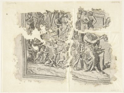 Nederste venstre hjørne av et trykk av scenen av Cebes Tabula Cebetis Carta Vitae (original tittel) av Philips Galle