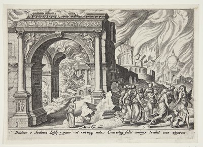 Lot og hans familie forlater det brennende Sodoma av Philips Galle