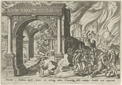 Loth og familien forlater byen Sodoma The Days of Doom of the Jewish People (serietittel) av Philips Galle