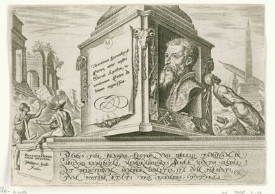 Portrett av Maarten van Heemskerck på sokkelen til en søyle The Days of Doom of the Jewish People (serietittel) av Philips Galle