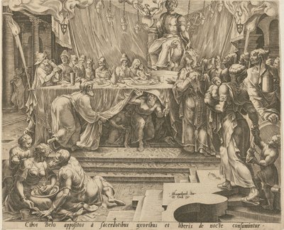 Bels prester spiser og drikker i tempelet, tavle 4, og Daniel mater dragen, tavle 7, tavle 4 og 7 fra serien «Historien om Daniel, Bel og dragen» av Philips Galle
