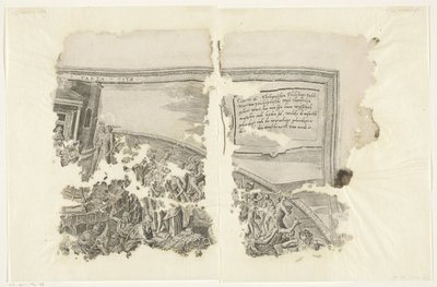 Øvre høyre hjørne av et trykk av scenen fra Cebes Tabula Cebetis Carta Vitae (tittel på objekt) av Philips Galle