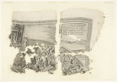 Øvre høyre hjørne av et trykk av scenen av Cebes Tabula Cebetis Carta Vitae (tittel på objekt) av Philips Galle