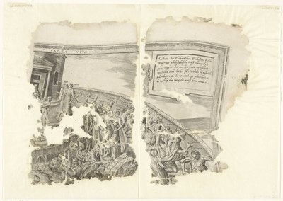 Øvre høyre hjørne av et trykk av scenen av Cebes Tabula Cebetis Carta Vitae (tittel på objekt) av Philips Galle