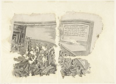 Øvre høyre hjørne av et trykk av scenen av Cebes Tabula Cebetis Carta Vitae (tittel på objekt) av Philips Galle