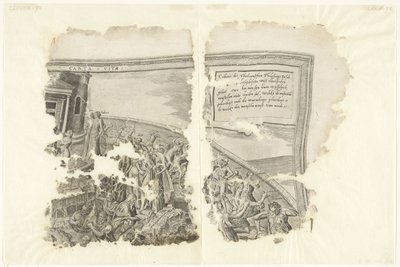 Øvre høyre hjørne av et trykk av scenen fra Cebes Tabula Cebetis Carta Vitae (tittel på objekt) av Philips Galle