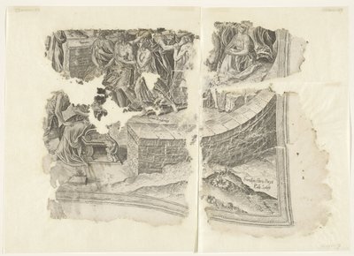 Nederste høyre hjørne av et trykk av scenen av Cebes Tabula Cebetis Carta Vitae (original tittel) av Philips Galle