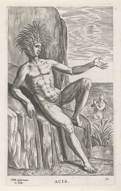 Riviergod Acis Ess (tittel på objekt) Rivier- en zeegoden (serietittel) Elegante portretter av de marine halvgudene og Amnicus-selene (serietittel) av Philips Galle