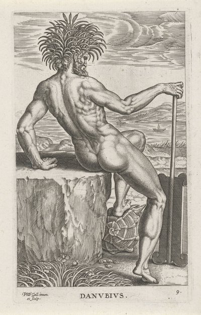Riviergod Donau Danvbivs (tittel på objekt) Rivier- en zeegoden (serietittel) Elegante portretter av de marine halvgudene og sjøløvene (serietittel) av Philips Galle