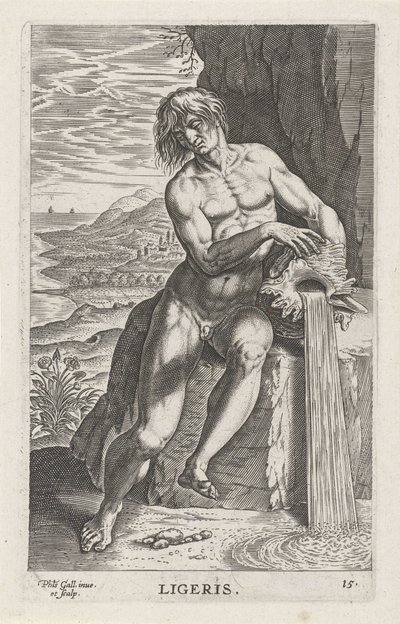 Riviergod Ligeris Ligeris (tittel på objekt) Rivier- en zeegoden (serietittel) Elegante bilder av havets halvguder og amnicus sel (serietittel) av Philips Galle