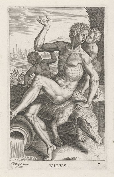 Riviergod Nilen Nilvs (tittel på objekt) Rivier- en zeegoden (serietittel) Elegante portretter av de marine halvgudene og Amnicus-selene (serietittel) av Philips Galle