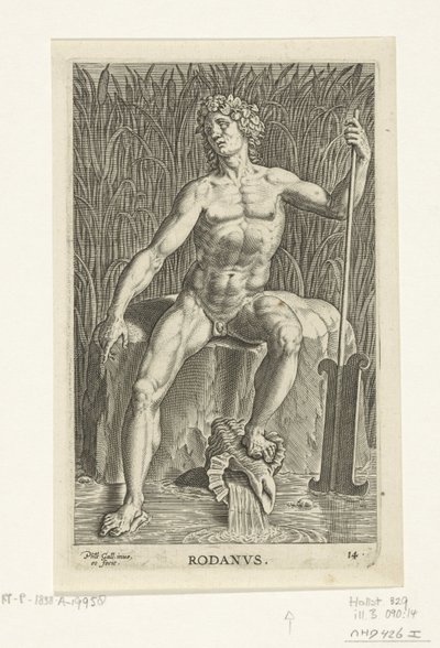Riviergod Rhone Rodanvs (tittel på objekt) Rivier- en zeegoden (serietittel) Elegante portretter av de marine halvgudene og Amnicus-selene (serietittel) av Philips Galle