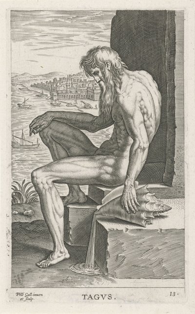 Riviergod Tejo Tagvs (tittel på objekt) Rivier- en zeegoden (serietittel) Elegante portretter av de marine halvgudene og sjøløvene (serietittel) av Philips Galle