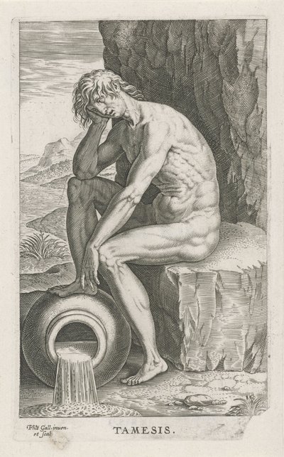 Riviergod Thames Thames (tittel på objekt) Rivier- en zeegoden (serietittel) Elegante portretter av de marine halvgudene og Amnicus-selene (serietittel) av Philips Galle