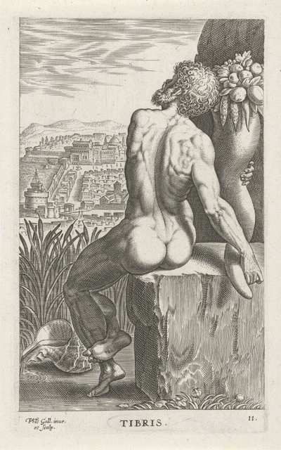 Riviergod Tiber Stammer (tittel på objekt) Rivier- en zeegoden (serietittel) Elegante portretter av de marine halvgudene og Amnicus-selene (serietittel) av Philips Galle